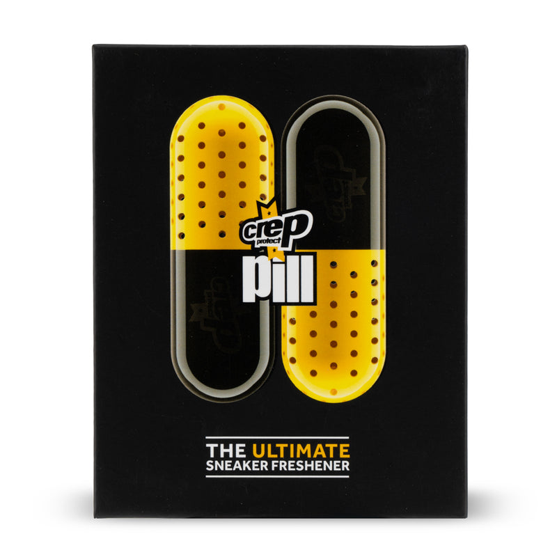 Crep pill sneaker freshener capsules, black and yellow pair in display box