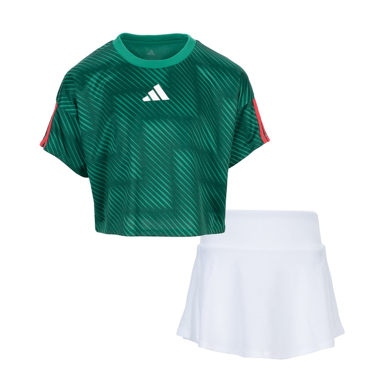 Kids green soccer skort set: adidas tee with white skort