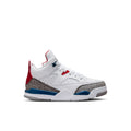 Kids low-top sneakers in white with blue and red accents, gray side panel