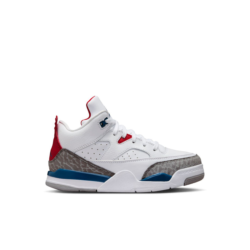 Kids low-top sneakers in white with blue and red accents, gray side panel