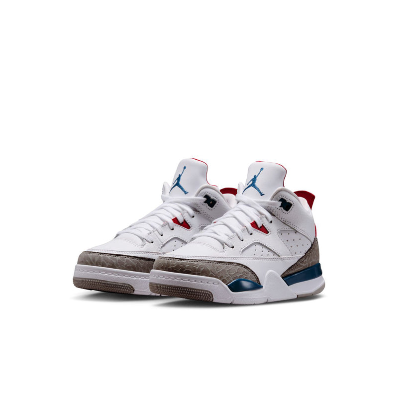 Kids low-top sneakers, white uppers with blue heel detail, gray panel, red lining