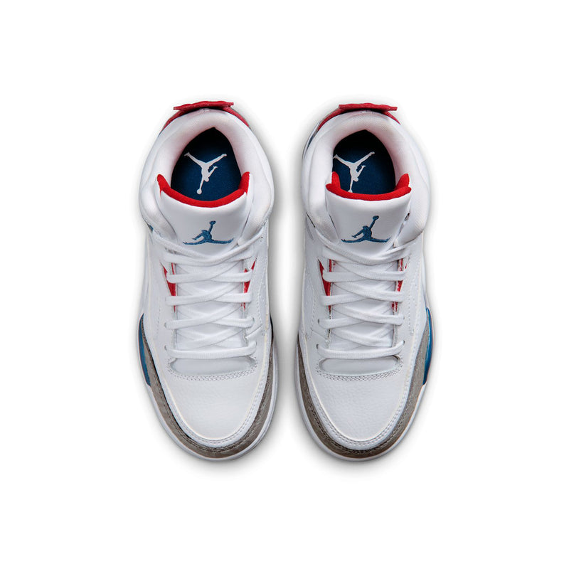 Kids low-top sneakers with white uppers, blue and red logo patches on the tongue