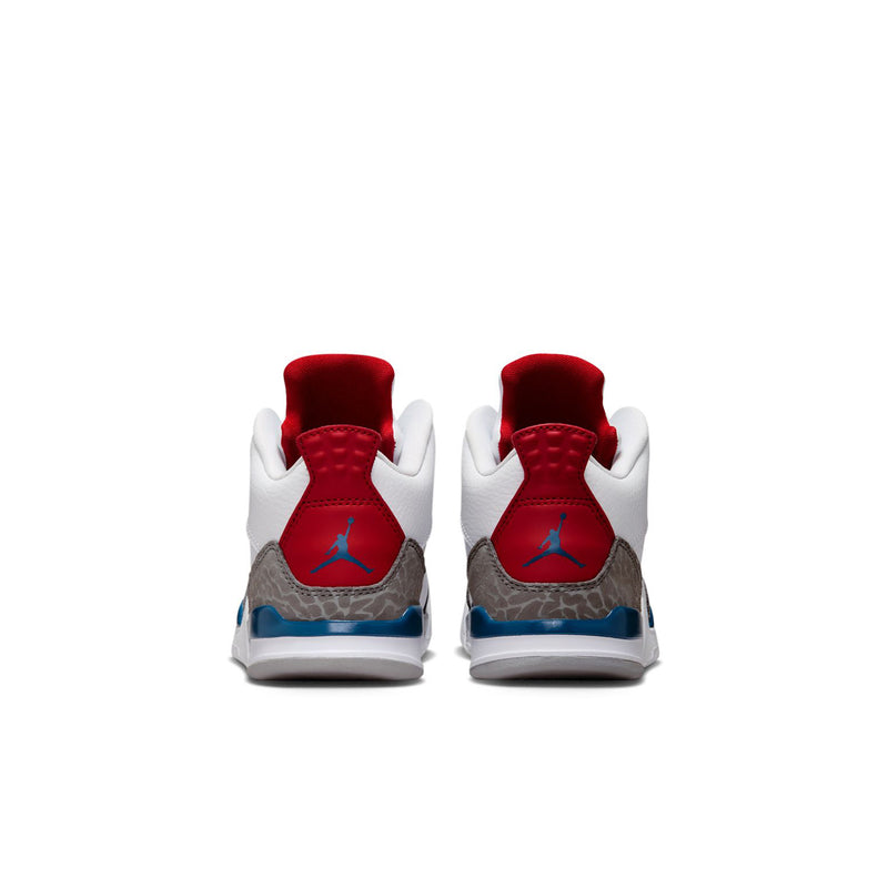 Kids low-top sneakers with red heel lining, gray side panel, white leather, blue trim