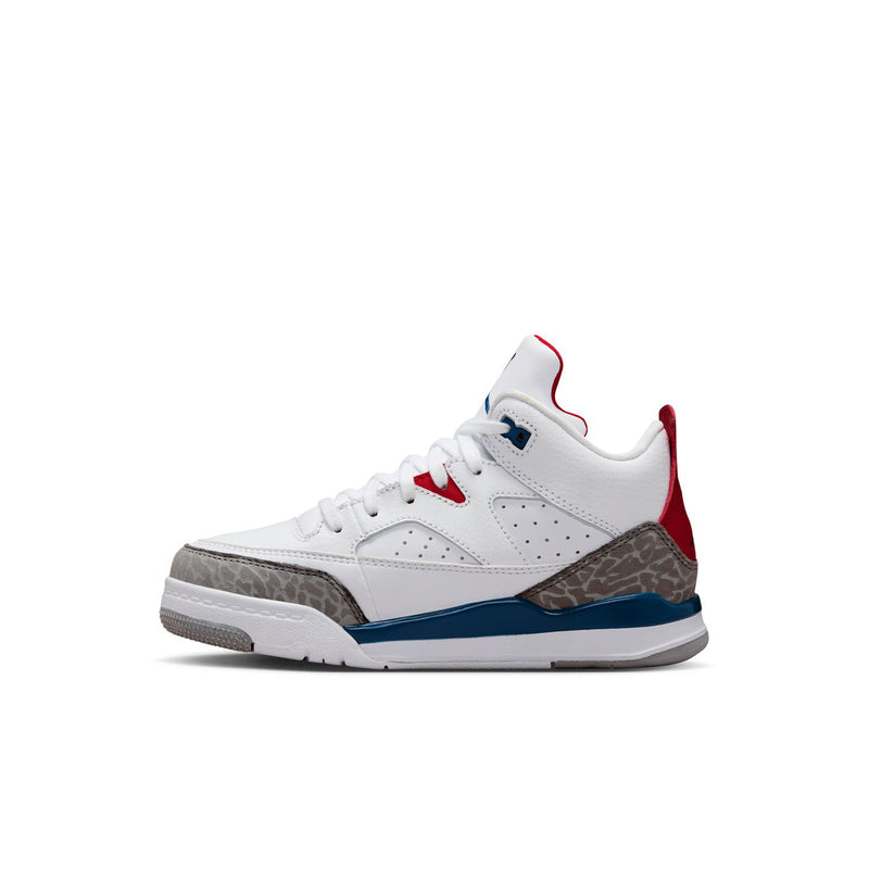 Kids low-top sneakers in white with blue midsole stripe, red lace accents, gray toe panel