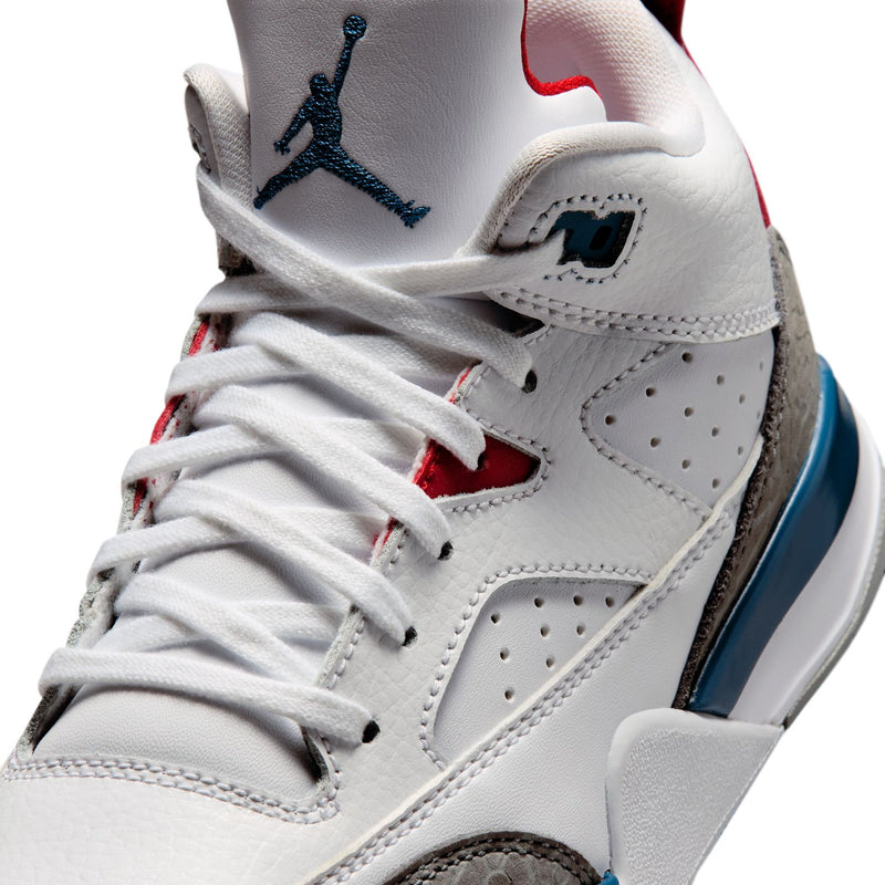 Kids sneaker close-up: white leather laces, blue logo, red pull-tab, gray side accent
