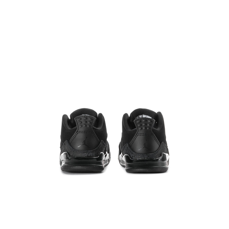 Toddler black sneakers heel view with pull tab and stitched detailing.