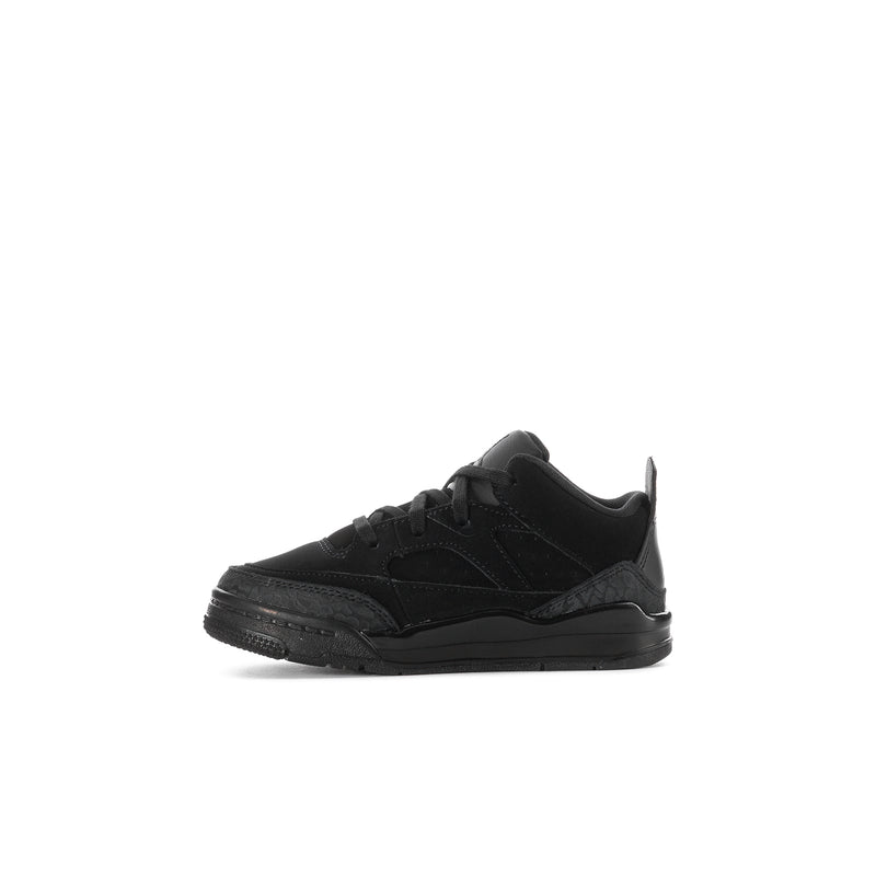 Toddler black low-top sneaker with laces, side overlays, and rubber sole.