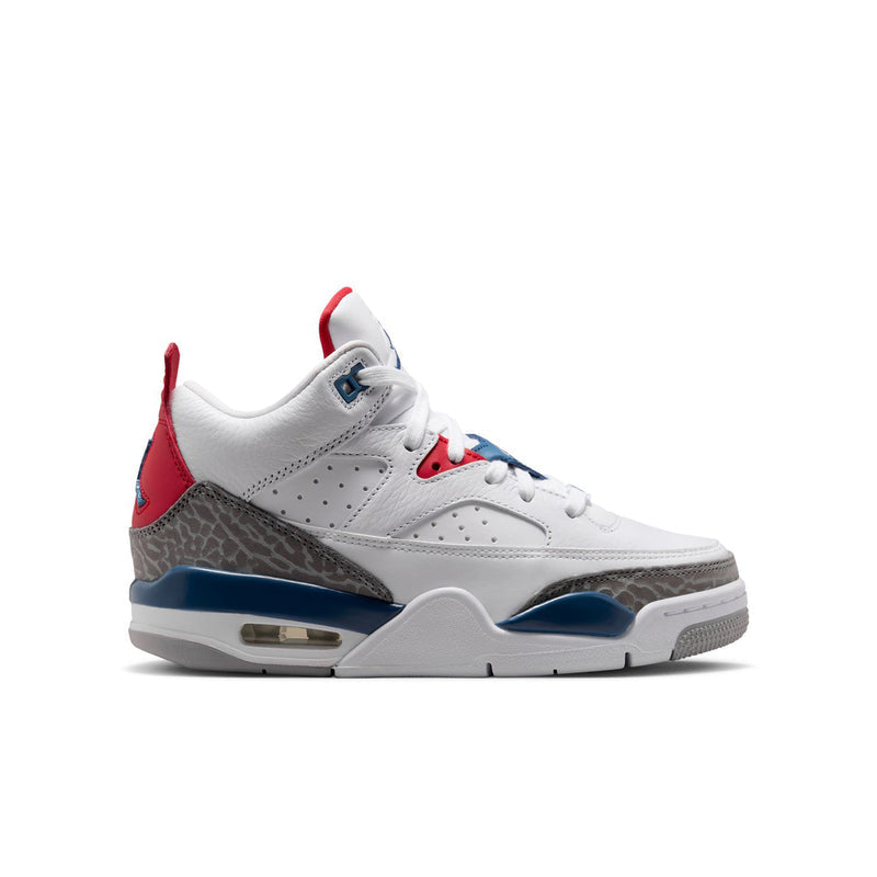 Youth low-top sneakers in white with red heel, blue accents, and gray toe panel