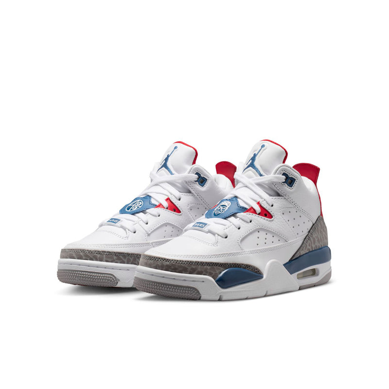 Pair of youth low-top sneakers in white with red and blue details, gray accents on side