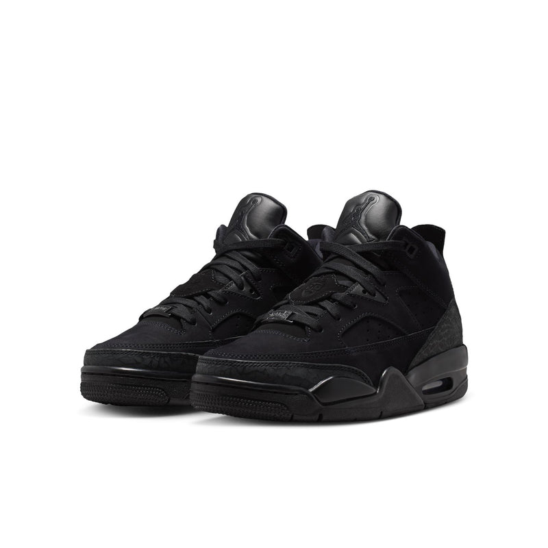 Black youth basketball shoes, side-by-side pair view with padded collars