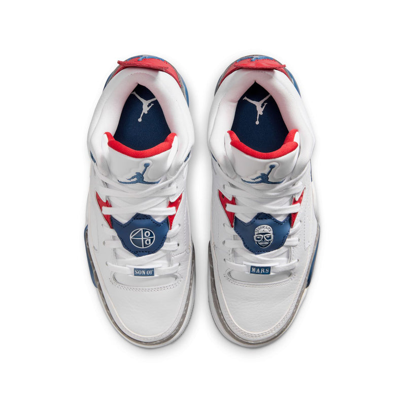 Youth sneakers viewed from above with white leather, red trim, and blue interior lining