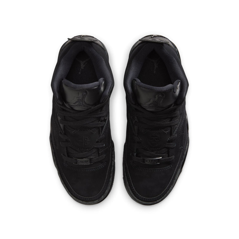 Black youth basketball shoes, front view with padded tongue and lace system
