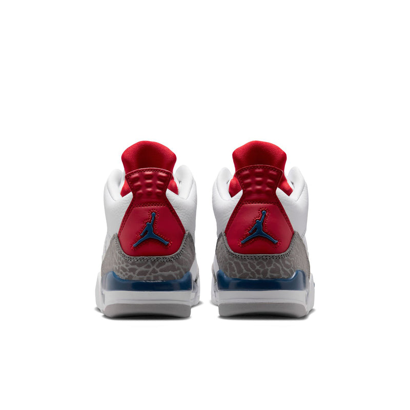 Youth sneakers from the back: red heel panels with Air Jordan logo and blue outsole trim