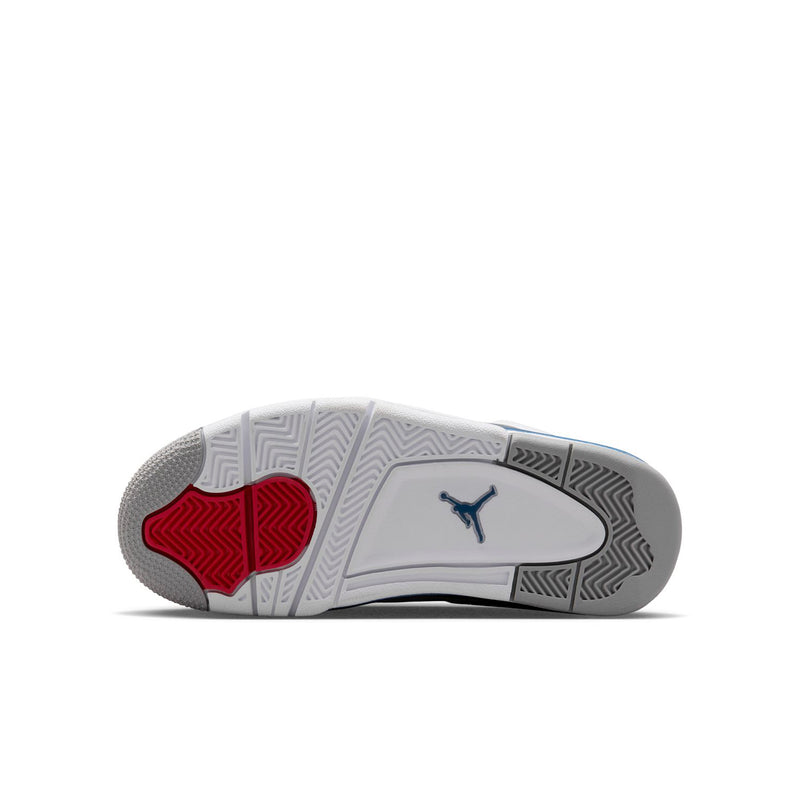 Youth sneaker outsole view with blue and red traction sections and Jordan logo