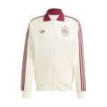 Men's off-white zip-up jacket with burgundy collar, crest logo, 3-stripe sleeves