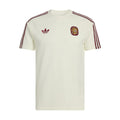 Men's off-white T-shirt with adidas trefoil and Spain crest, maroon sleeve stripes.