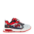 Toddler athletic light-up sneakers, white/red/black, Spider-Man web and shield graphic