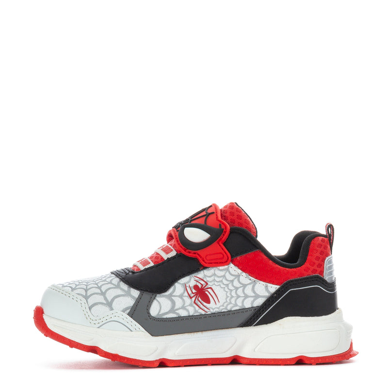 Toddler athletic sneakers, white/red/black, Spider-Man web side panel and hook strap
