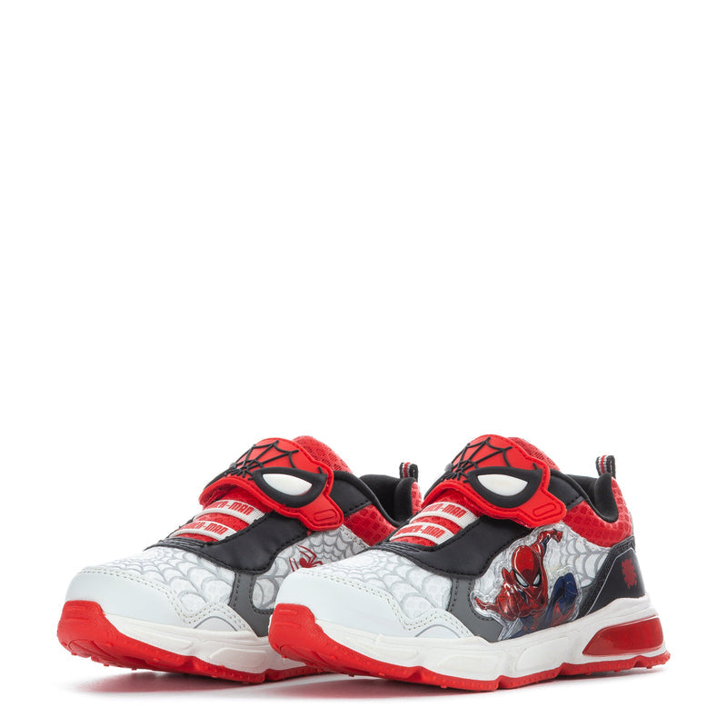 Pair of toddler athletic sneakers, white/red/black, Spider-Man web pattern and hook strap