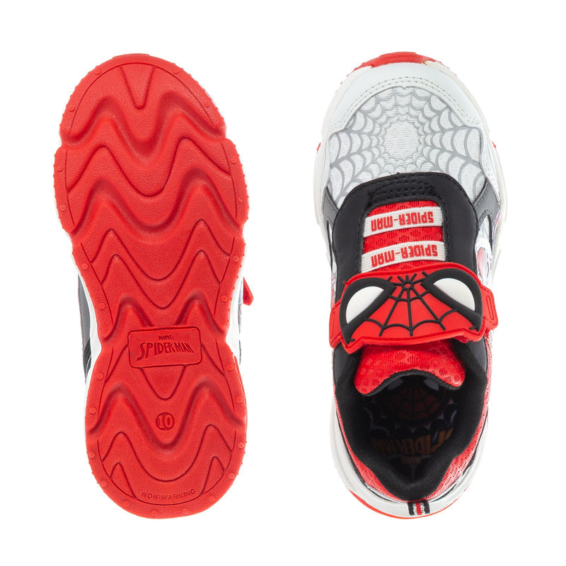 Toddler sneaker outsole and heel view, red sole with Spider-Man logo and web pattern