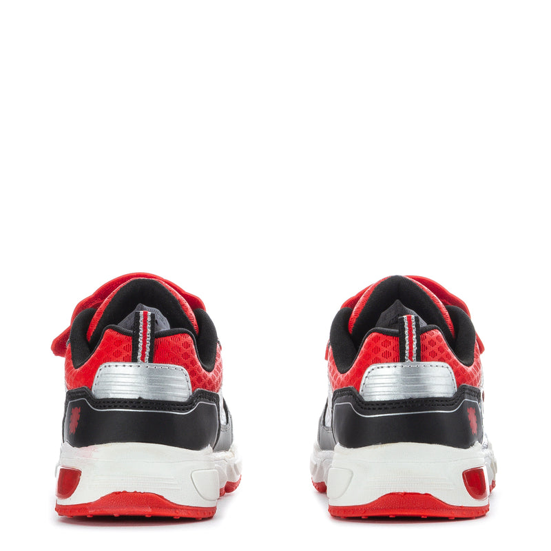 Toddler athletic sneakers rear view in white/red/black with pull tab and contrast sole