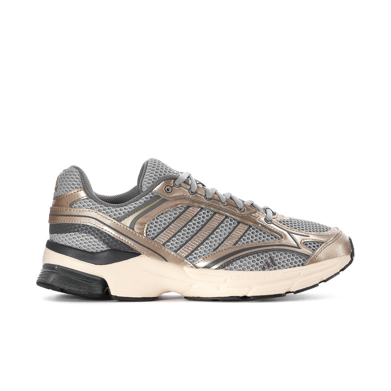 Men's running sneakers, gray and taupe mesh upper with lace-up and black trim