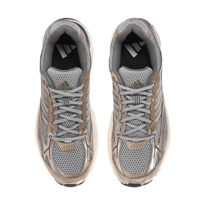 Pair of men's running sneakers with gray mesh uppers and lace-up closure