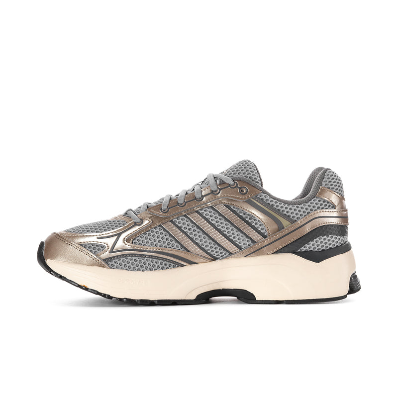 Men's running sneakers, side profile in gray and taupe mesh with lace-up laces
