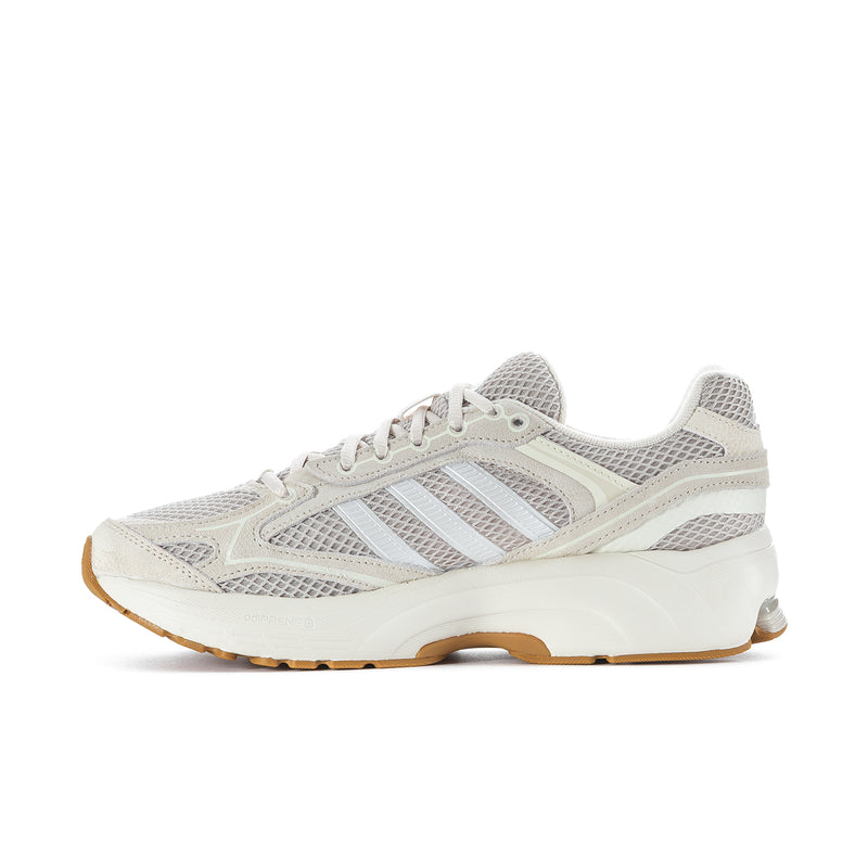 Women's lace-up running shoes in white with gray 3-Stripes and thick cushioned midsole