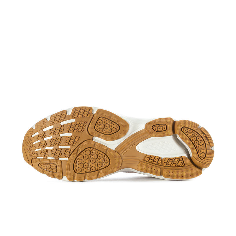 Outsole view of women's sneakers with brown traction pods and white midsole