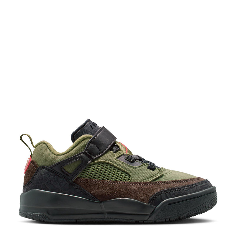 Kids low-top sneaker in olive mesh with black strap and brown trim, red accents