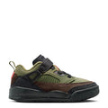Kids low-top sneaker in olive mesh with black strap and brown trim, red accents
