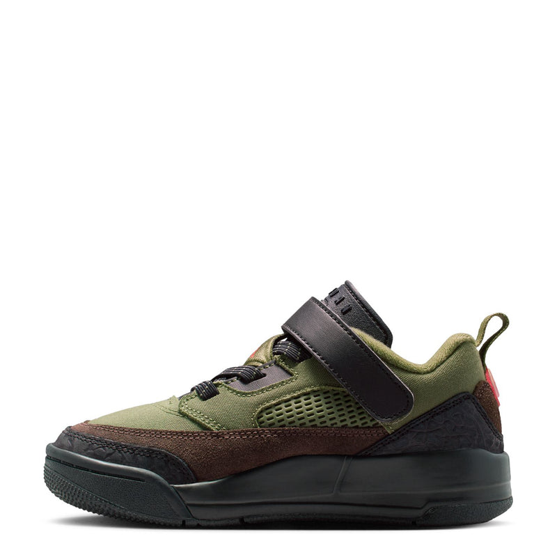 Kids olive low-top sneaker with wide black hook-and-loop strap and dark outsole