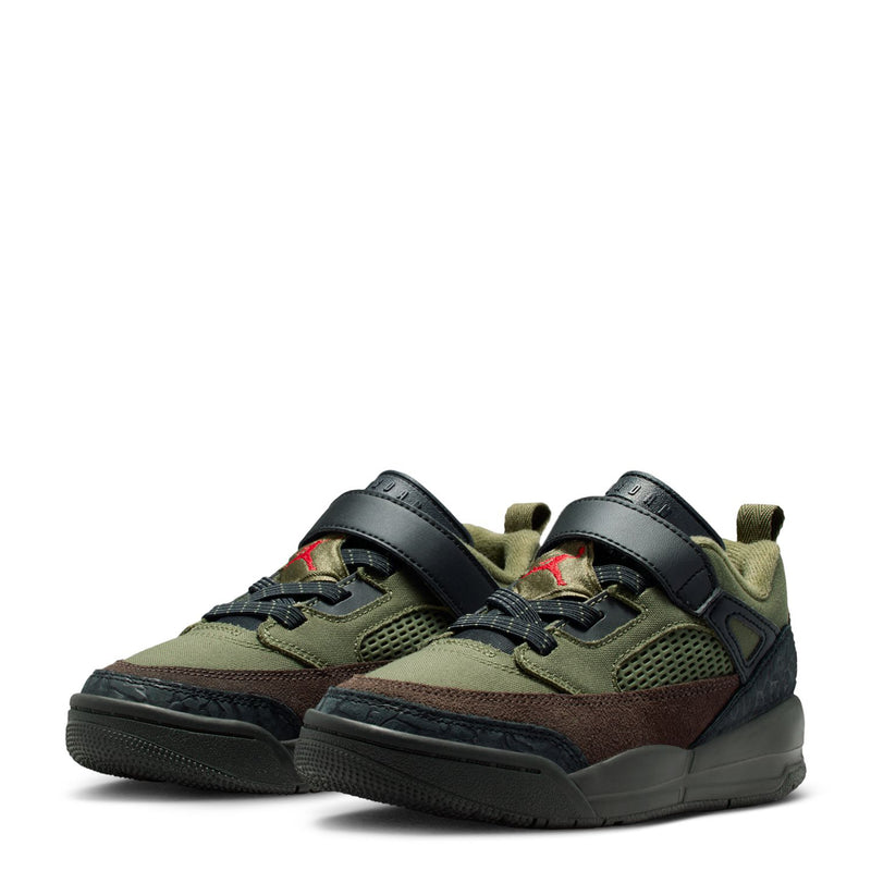 Kids sneakers side view with olive uppers, black straps, brown panel, red logo detail