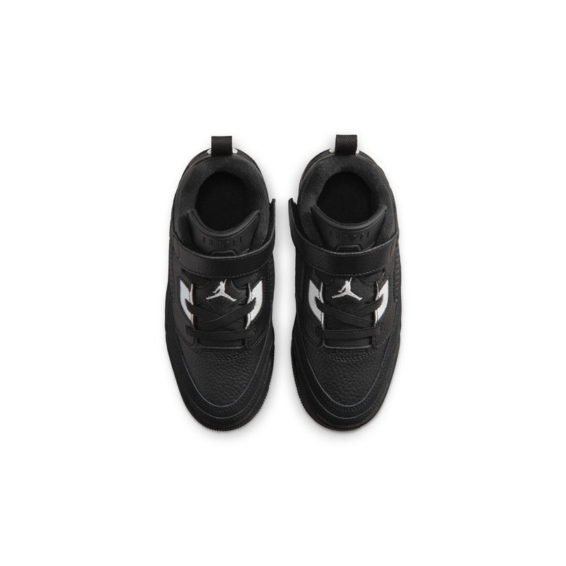 Kids black low-top sneakers with side logos, lace-up style, open tongue view