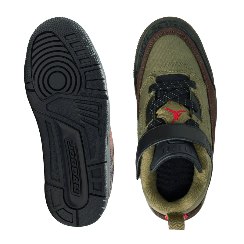 Kids sneaker outsole and inner view: dark rubber sole, olive lining, black strap