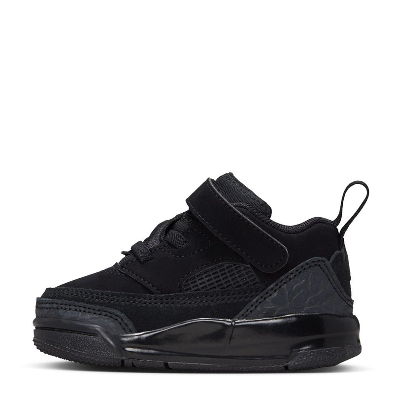 Black toddler low-top sneakers with hook-and-loop strap over mesh panel and toe bumper