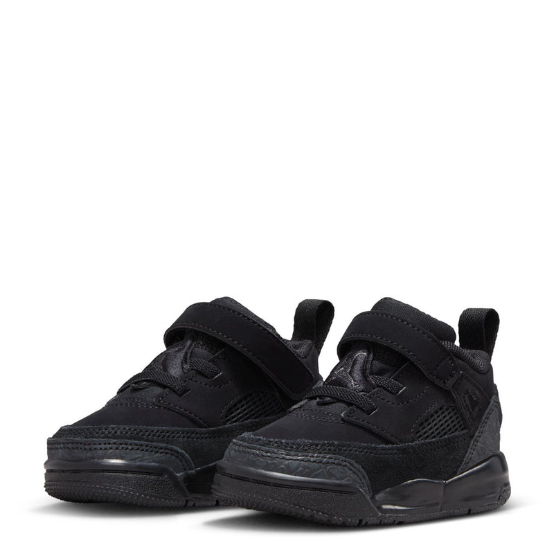 Pair of black toddler low-top sneakers with hook-and-loop strap and textured side panels