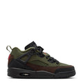 Youth low-top sneakers in olive green with black midsole and red accents, lace-up.