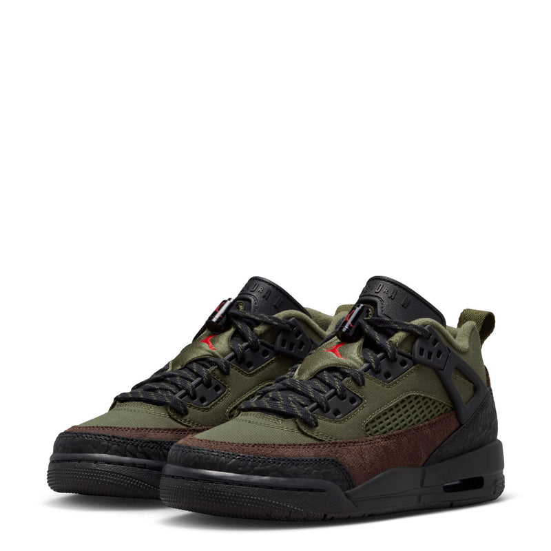 Youth low-top sneakers in olive green and dark brown with black sole and red accents.