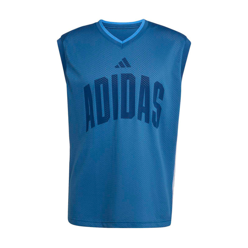 Mens blue mesh stadium tank top with V-neck and ADIDAS logo print