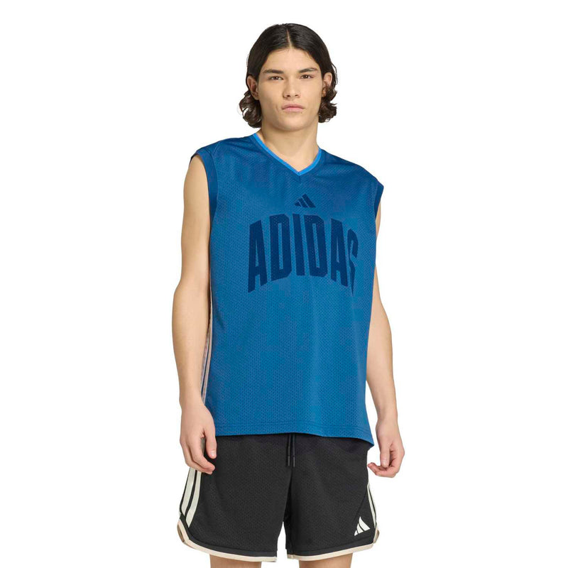 Mens blue mesh sleeveless tank top with V-neck and large ADIDAS logo