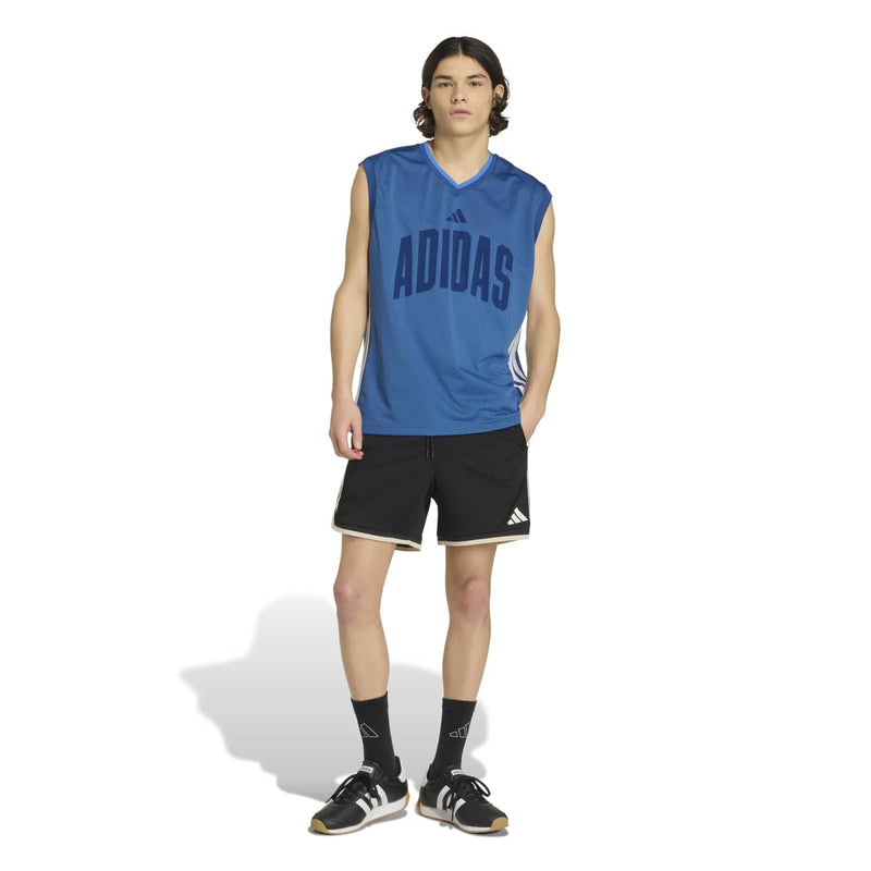 Mens blue mesh tank top with V-neck and ADIDAS logo, back view
