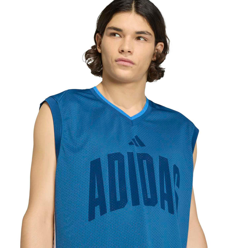 Mens blue mesh tank top with V-neck and large ADIDAS lettering