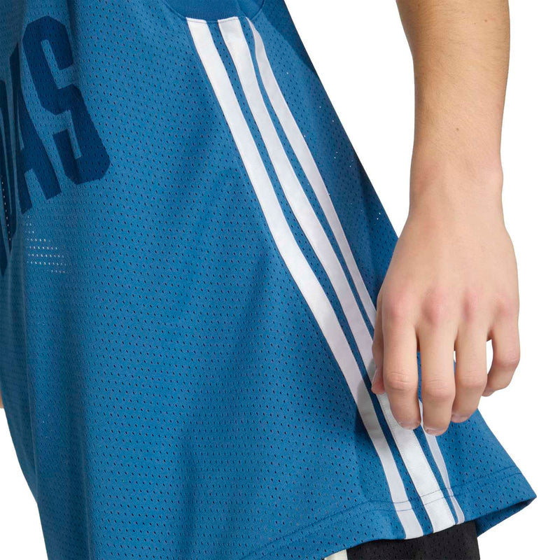 Mens blue mesh tank top with side triple stripes and ADIDAS branding