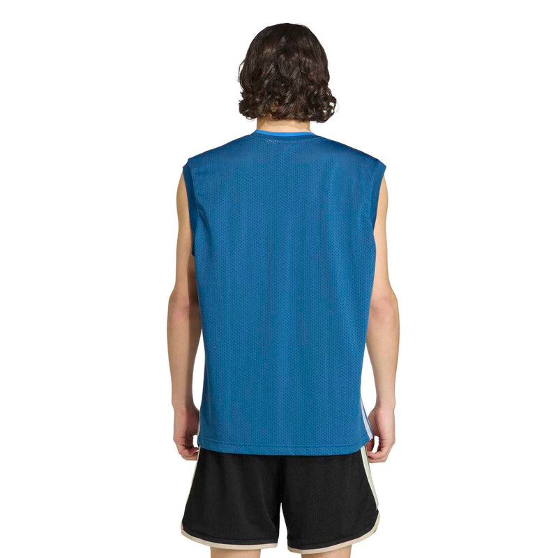 Mens blue mesh tank top, sleeveless V-neck; no front logo visible