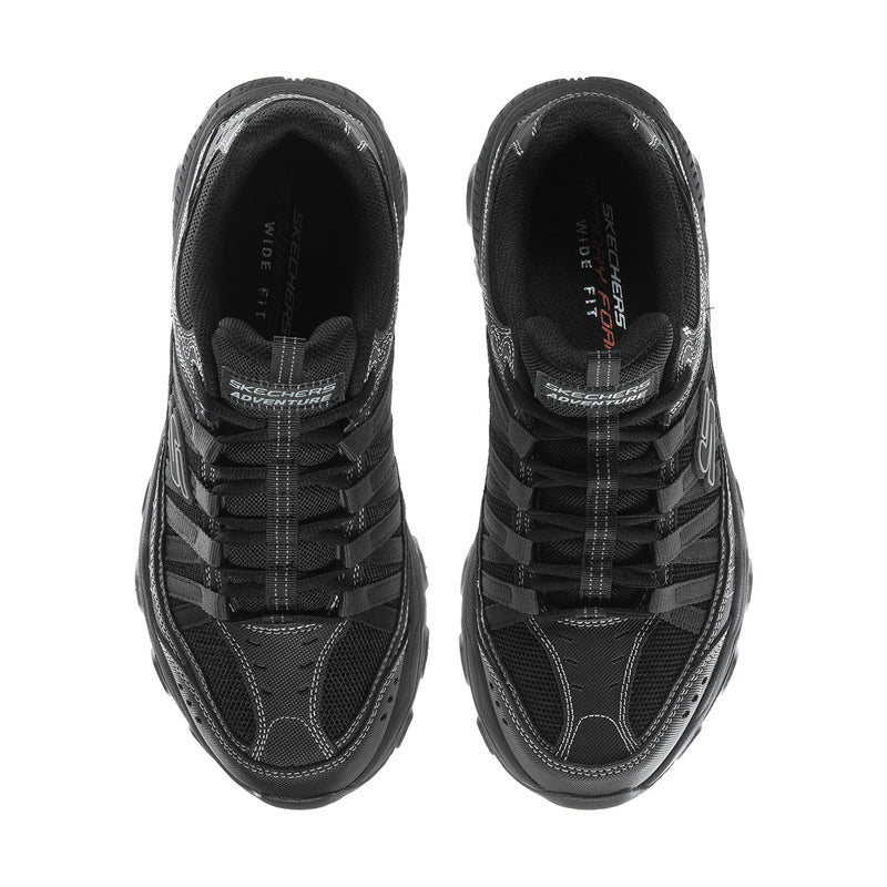 Men's black sneaker pair, top view showing laces and padded interior