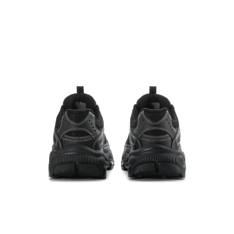 Men's black sneakers, back heel view with cushioned collar and rear stitching