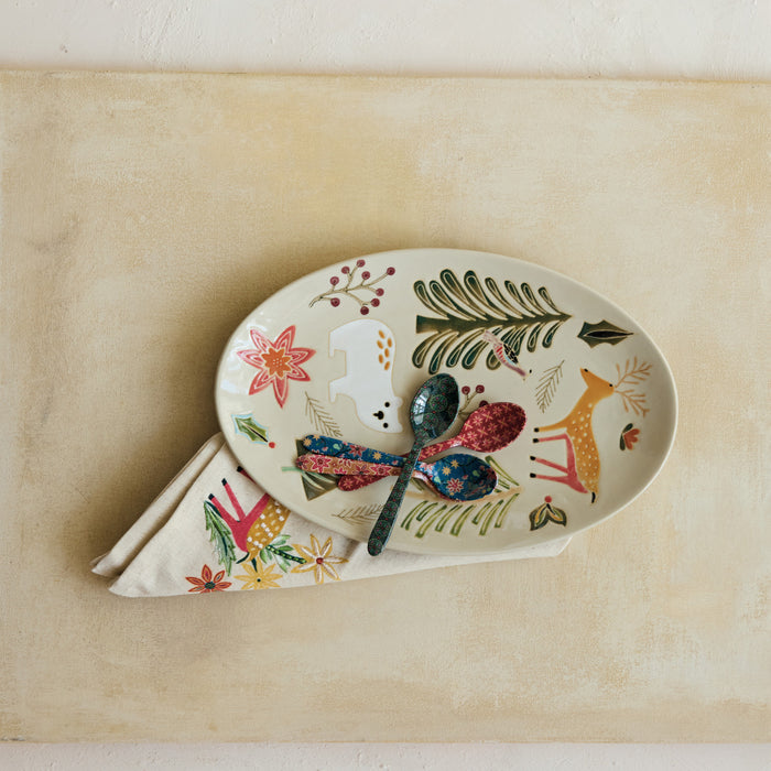 Stoneware Platter with Animals & Seasonal Botanicals