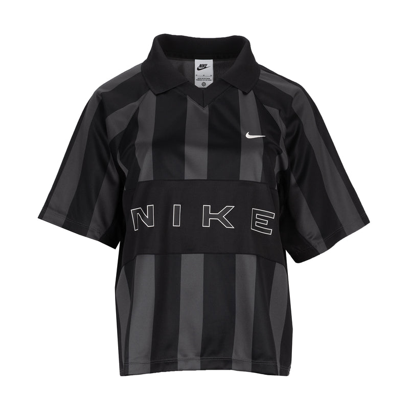 Black striped jersey polo with pointed collar, Nike swoosh, and NIKE lettering